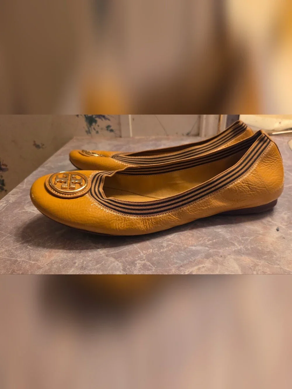 Tory Burch Women's Yellow Patent Leather Logo Ballet Flats